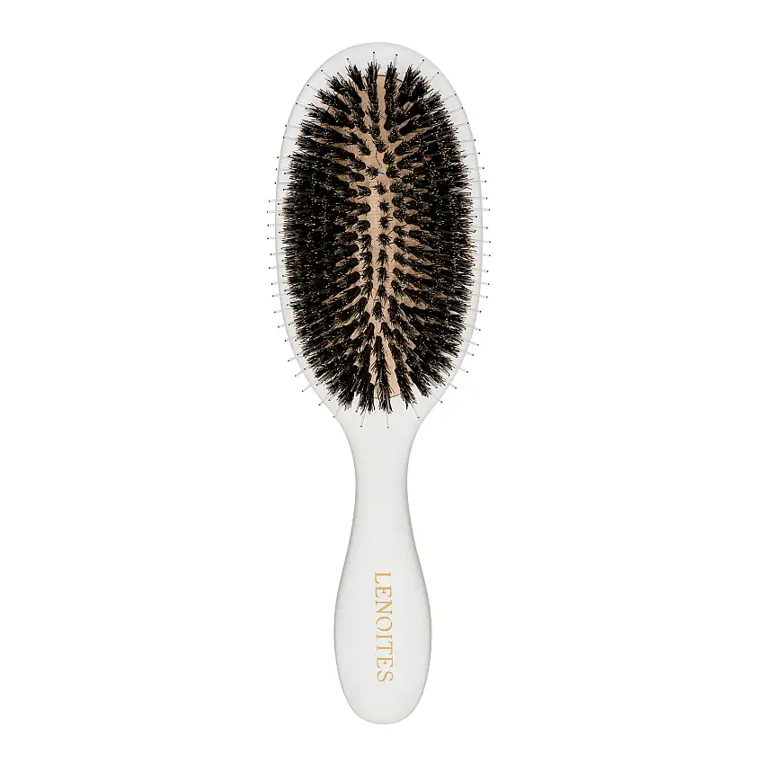Lenoites Hair Brush Wild Boar with Cleaner Tool White