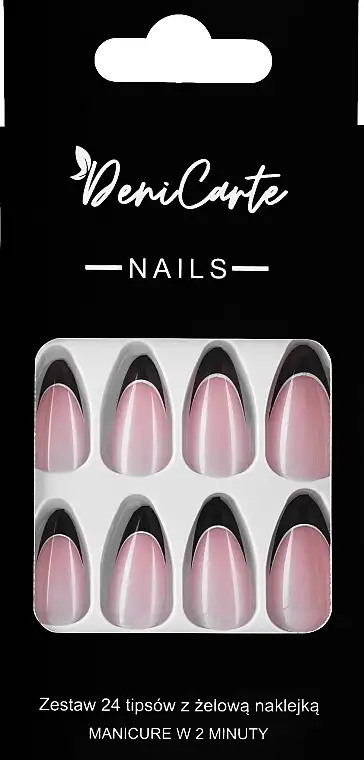 Kunstige negle med sort fransk motiv & hvid accent, 24 stk 61400592