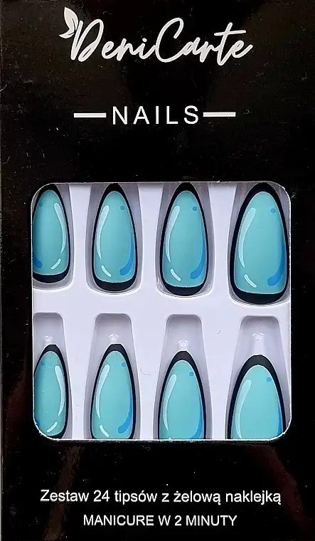 Kunstlige negle, blå mandel med sort kant, 24 stk. 85708753