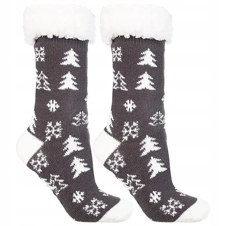 Varme sokker med ombuk, CDW800-002, grå med hvide juletræer 61418571