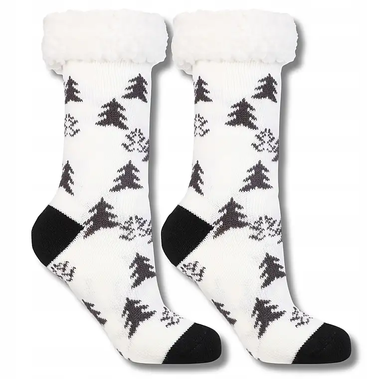 Varme sokker med opslag, CDW800-002, hvide med grå grantræer 29605667