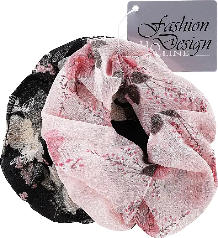 Scrunchies med blomsterprint, 23989, sort + pink 2 82367284